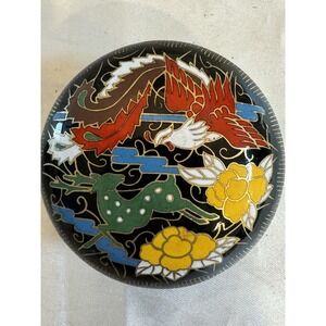 Vintage Bird Deer Cloisonné Blue Enamel On Brass Trinket or Pill Box Round